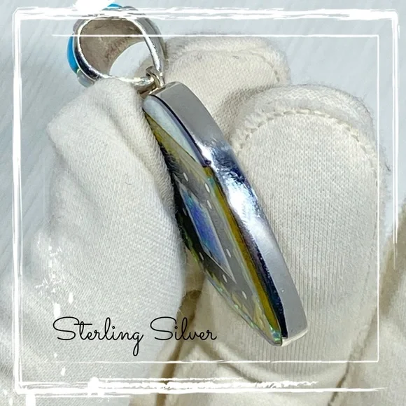 Signed SM Sterling Silver Inlaid Multi Gemstone Native American Navajo Pendant - Picture 8 of 9